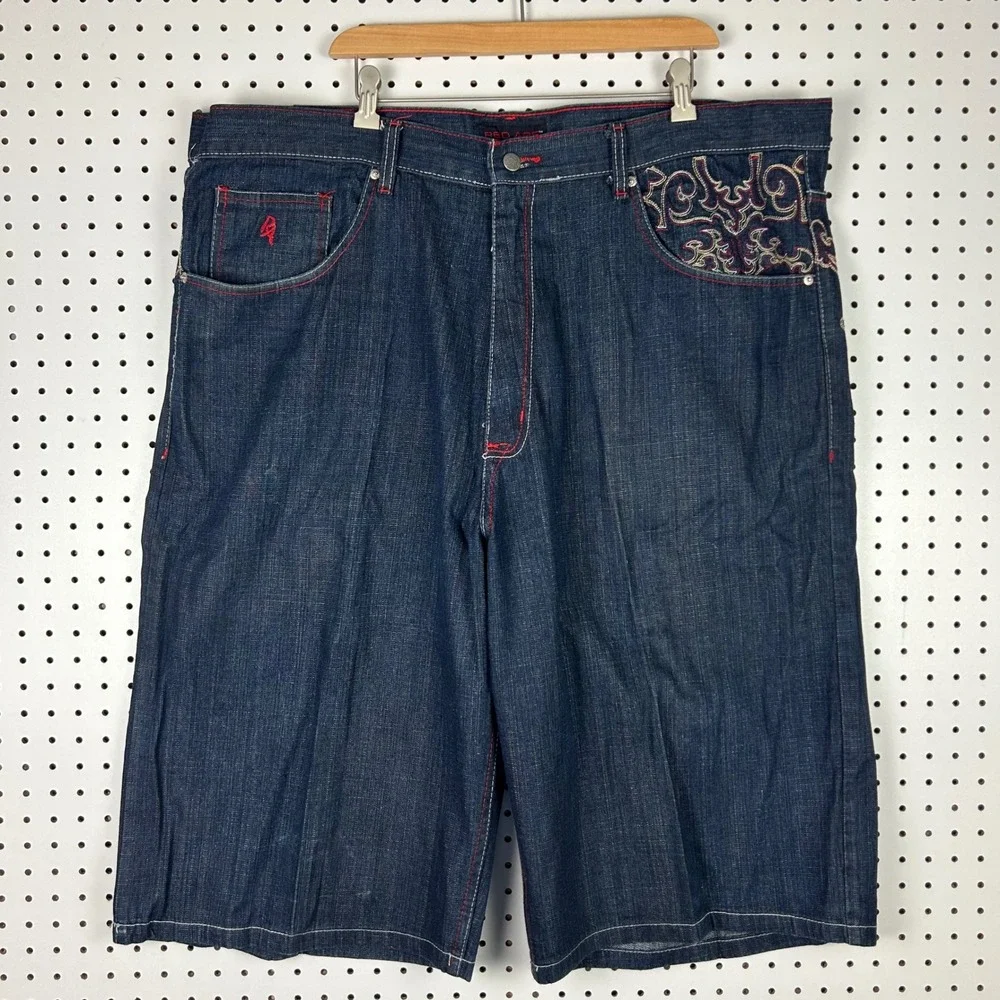 Red Ape Authentic Denim Shorts Size 46 Embroidered Baggy Y2K Hip Hop Gothic Blue